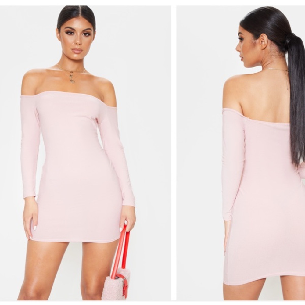 PrettyLittleThing | NEW Blush Bardot Bodycon mini dress •